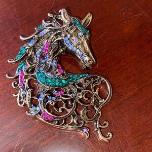 NEW Colorful Rhinestoned Filigree Horse Broach